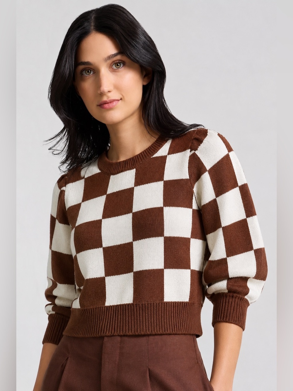 BaeVely Checked Brown & Cream Sweater With Puff Sleeves Size Small